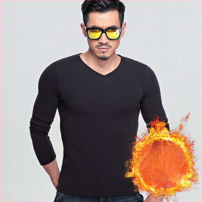 Ανδρική φλις επενδυμένη μακρυμάνικη T-shirt, κορεάτικου στυλ, στενή γραμμή, παχιά ύφανση, για φθινόπωρο-χειμώνα, πολυεστερικό μίγμα