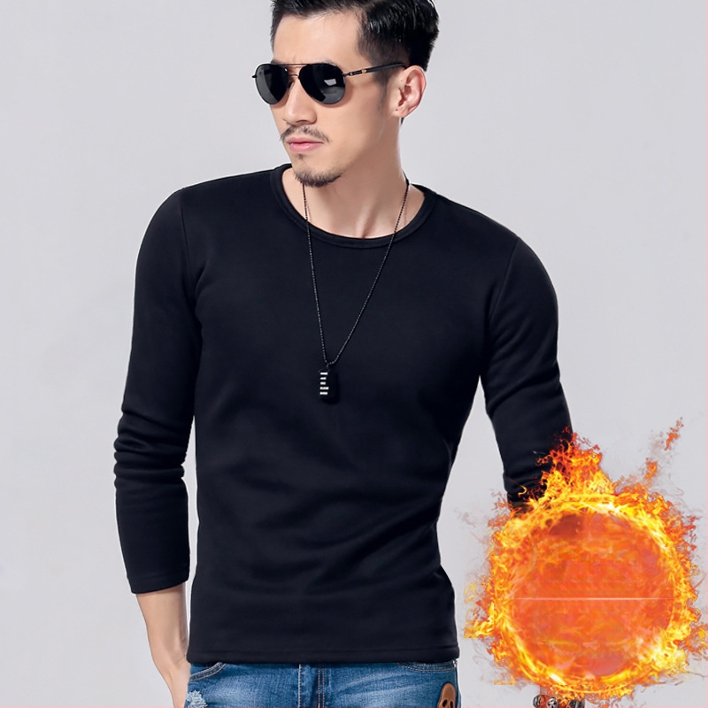 Ανδρική φλις επενδυμένη μακρυμάνικη T-shirt, κορεάτικου στυλ, στενή γραμμή, παχιά ύφανση, για φθινόπωρο-χειμώνα, πολυεστερικό μίγμα