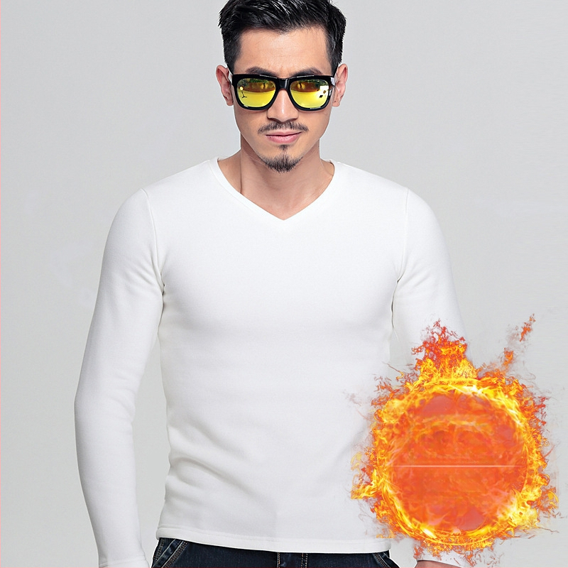 Ανδρική φλις επενδυμένη μακρυμάνικη T-shirt, κορεάτικου στυλ, στενή γραμμή, παχιά ύφανση, για φθινόπωρο-χειμώνα, πολυεστερικό μίγμα