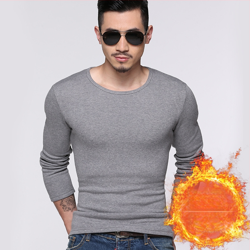 Ανδρική φλις επενδυμένη μακρυμάνικη T-shirt, κορεάτικου στυλ, στενή γραμμή, παχιά ύφανση, για φθινόπωρο-χειμώνα, πολυεστερικό μίγμα