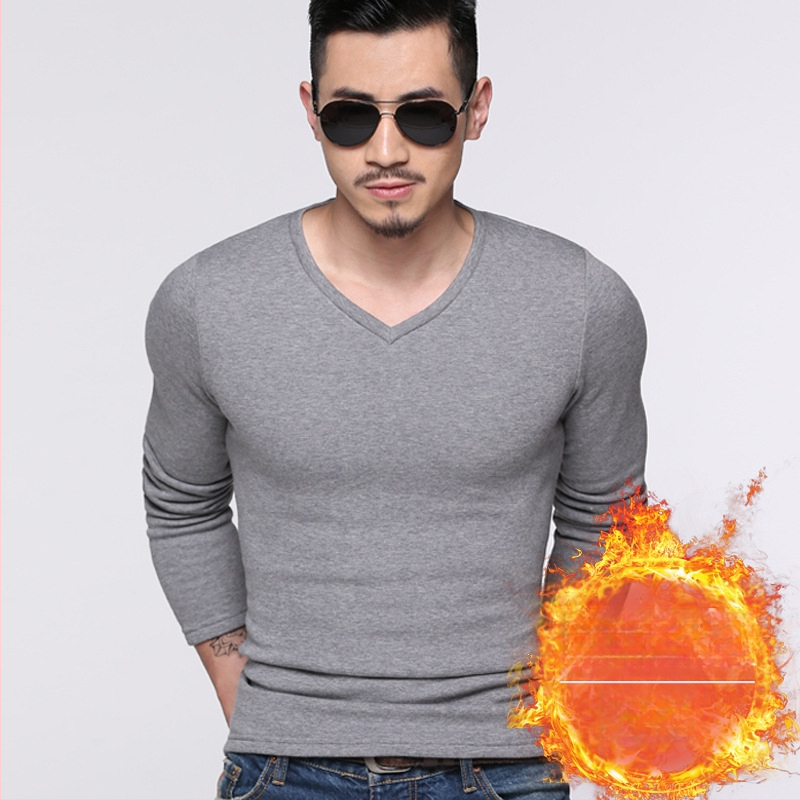 Ανδρική φλις επενδυμένη μακρυμάνικη T-shirt, κορεάτικου στυλ, στενή γραμμή, παχιά ύφανση, για φθινόπωρο-χειμώνα, πολυεστερικό μίγμα