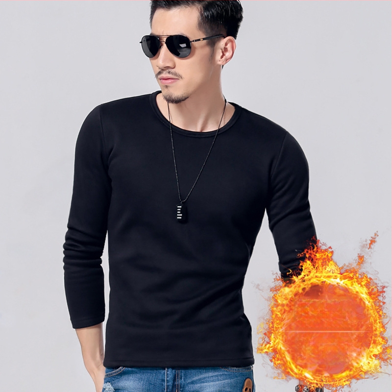 Ανδρική φλις επενδυμένη μακρυμάνικη T-shirt, κορεάτικου στυλ, στενή γραμμή, παχιά ύφανση, για φθινόπωρο-χειμώνα, πολυεστερικό μίγμα