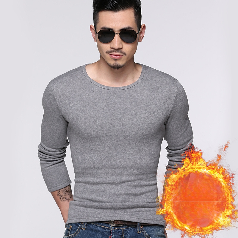 Ανδρική φλις επενδυμένη μακρυμάνικη T-shirt, κορεάτικου στυλ, στενή γραμμή, παχιά ύφανση, για φθινόπωρο-χειμώνα, πολυεστερικό μίγμα