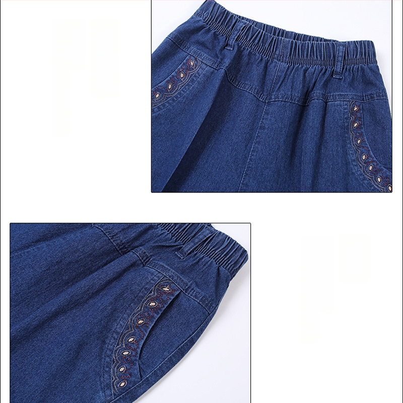 Capri džinsi sievietēm vidējā vecumā ar elastīgu augstu jostu, brīvu taisnu piegriezumu, vairāk nekā 95% kokvilnas, mikroelastīgi