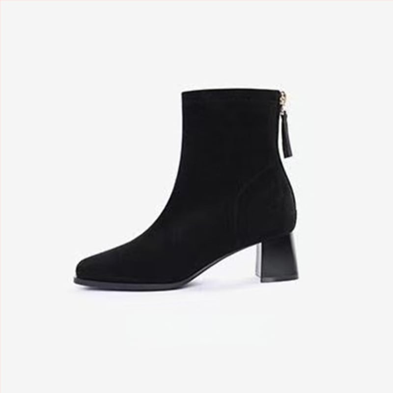 Γυναικείες μπότες skinny με τετράγωνη μύτη και παχύ τακούνι 6–8 εκ, σουέντ επάνω, φερμουάρ, καουτσούκ σόλα