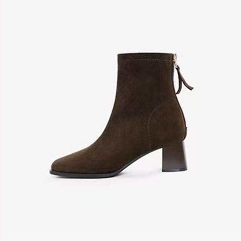 Γυναικείες μπότες skinny με τετράγωνη μύτη και παχύ τακούνι 6–8 εκ, σουέντ επάνω, φερμουάρ, καουτσούκ σόλα