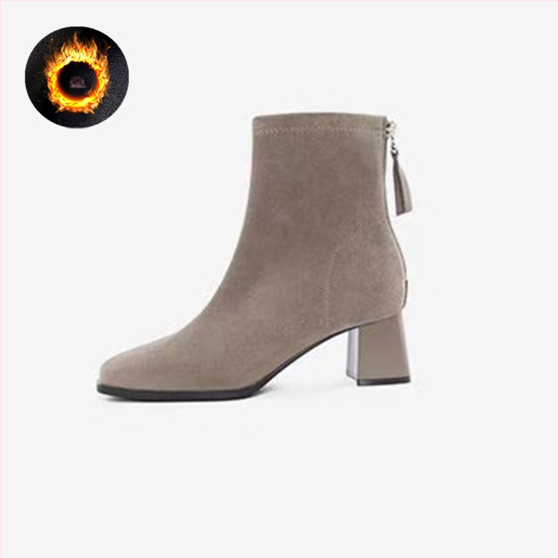 Γυναικείες μπότες skinny με τετράγωνη μύτη και παχύ τακούνι 6–8 εκ, σουέντ επάνω, φερμουάρ, καουτσούκ σόλα