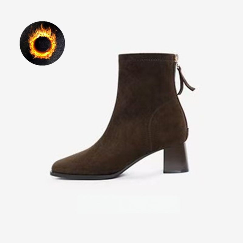 Γυναικείες μπότες skinny με τετράγωνη μύτη και παχύ τακούνι 6–8 εκ, σουέντ επάνω, φερμουάρ, καουτσούκ σόλα
