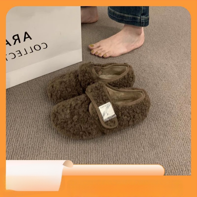 Sieviešu plakanās kurpes ar mākslīgu pūkaino apdari ārpusē un iekšpusē, Velcro aizdare, gumijas zole, zems papēdis