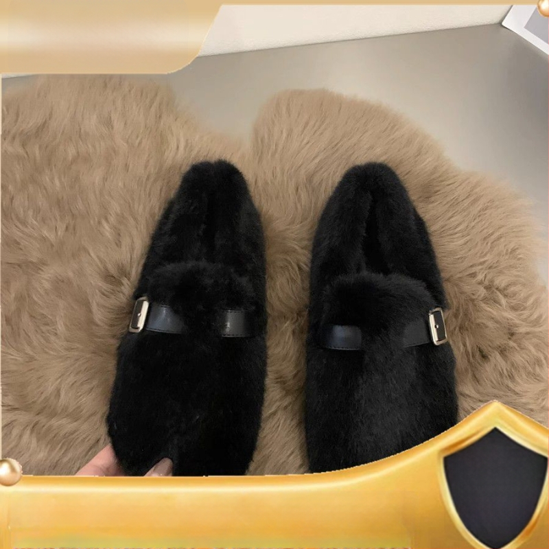 Sievietēm pūkainas slip-on kurpes bez pirkstiem, augšējā daļa no mākslīgā pūļa, gumijas zole, zems kaķa papēdis, animācijas raksts