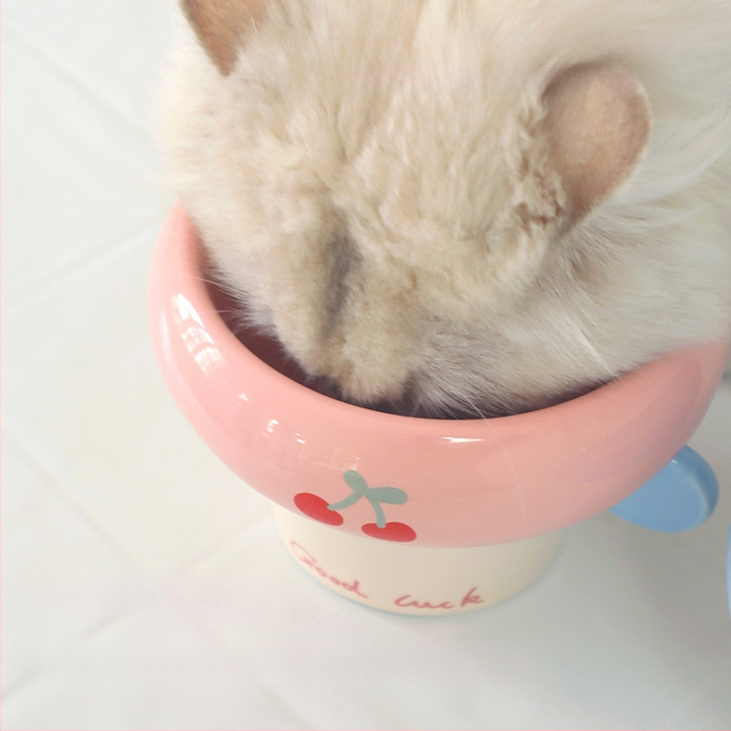 Κεραμικό μπολ με στρογγυλή λαβή, κορεατικού στυλ, μπολ φαγητού και νερού γάτας με υψηλή βάση, υπό γλάσωση