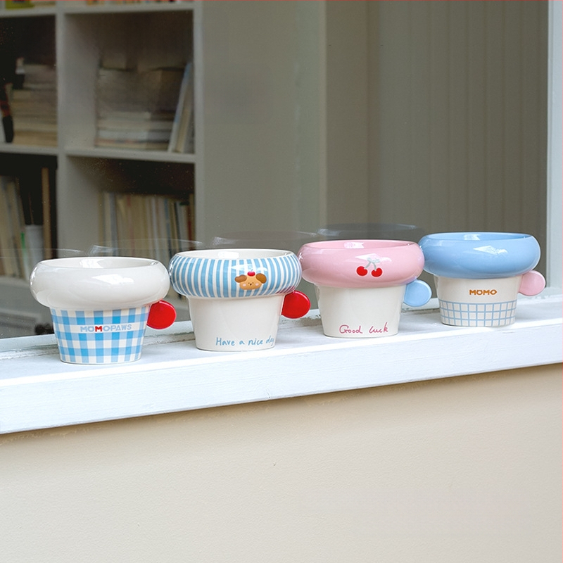 Κεραμικό μπολ με στρογγυλή λαβή, κορεατικού στυλ, μπολ φαγητού και νερού γάτας με υψηλή βάση, υπό γλάσωση