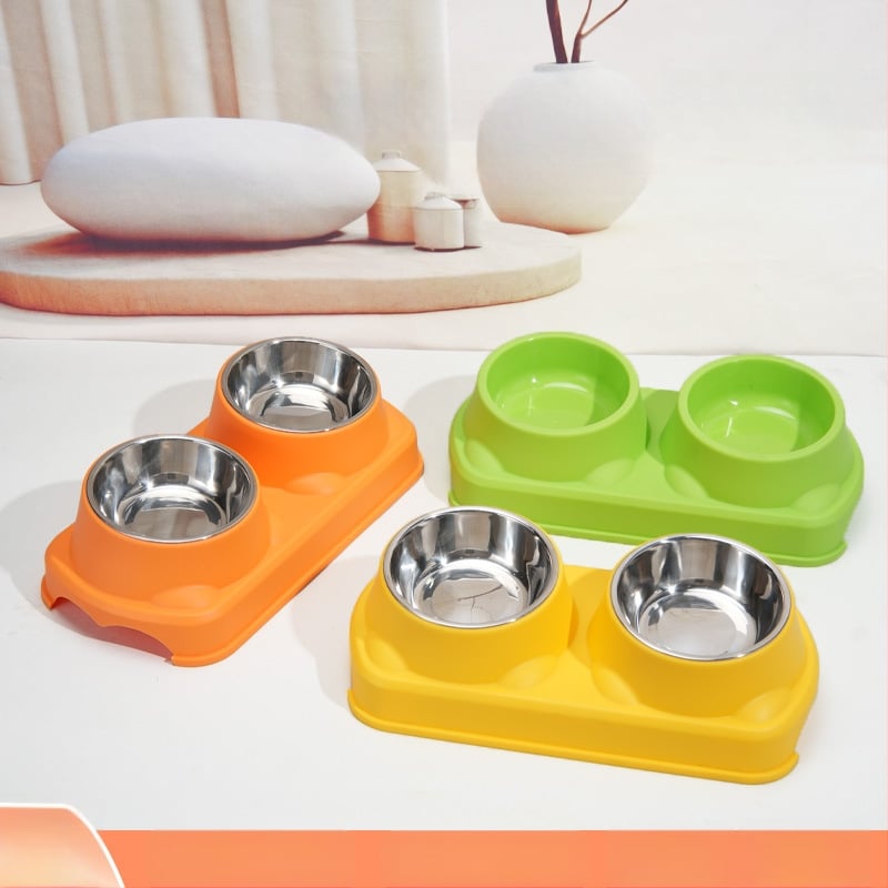 Πλαστικό μπολ φαγητού κατοικίδίων, για γάτες και σκύλους, διπλό μπολ με ενσωματωμένο σχέδιο, αντιολισθητικό, αντιανατροπή
