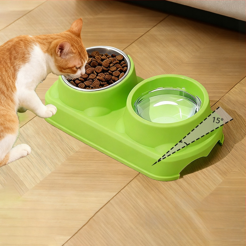 Πλαστικό μπολ φαγητού κατοικίδίων, για γάτες και σκύλους, διπλό μπολ με ενσωματωμένο σχέδιο, αντιολισθητικό, αντιανατροπή