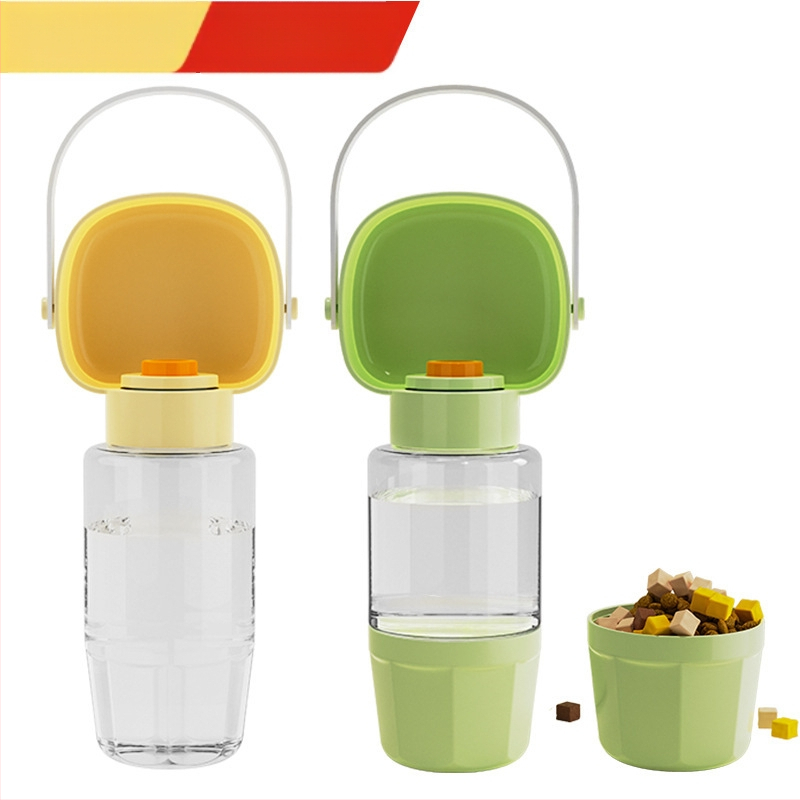 Portatīvā suņu ūdens pudele ar iekļauto krūzi un divfunkcionālu atdalāmo nodalījumu ūdenim un barībai (PP+PC; 50 gab./kaste; Mājas dzīvnieku barošanas rīki)