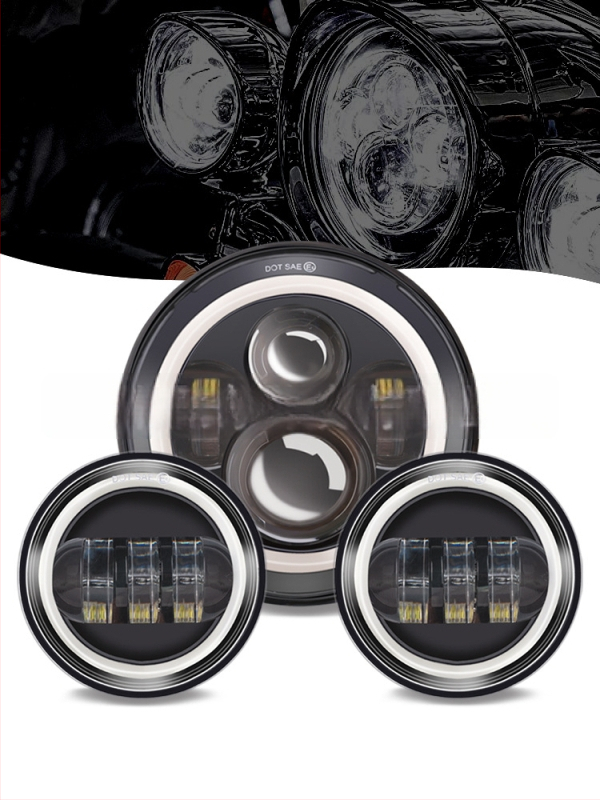 Harley miglu lukturu komplekts: 1 primārais lukturis + 2 miglas lukturi, LED 12V, IP67, 60W, alumīnija sakausējuma korpuss, kalpošanas laiks 30000h