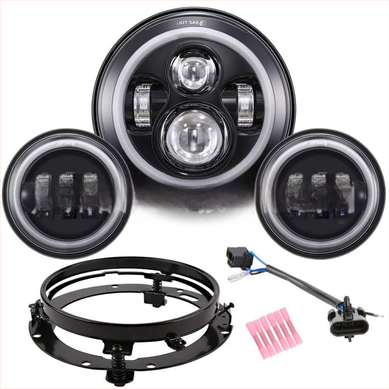 Harley miglu lukturu komplekts: 1 primārais lukturis + 2 miglas lukturi, LED 12V, IP67, 60W, alumīnija sakausējuma korpuss, kalpošanas laiks 30000h