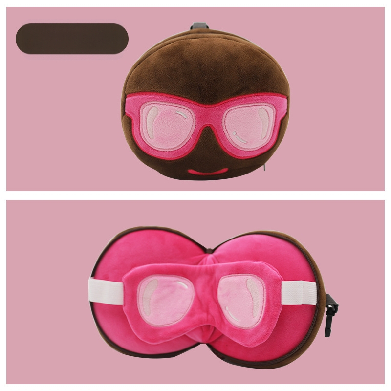 Pernă de călătorie în formă de U, cu mască de ochi încorporată, design cu animal de desen animat, țesătură pluș, umplutură PP bumbac, pentru adulți