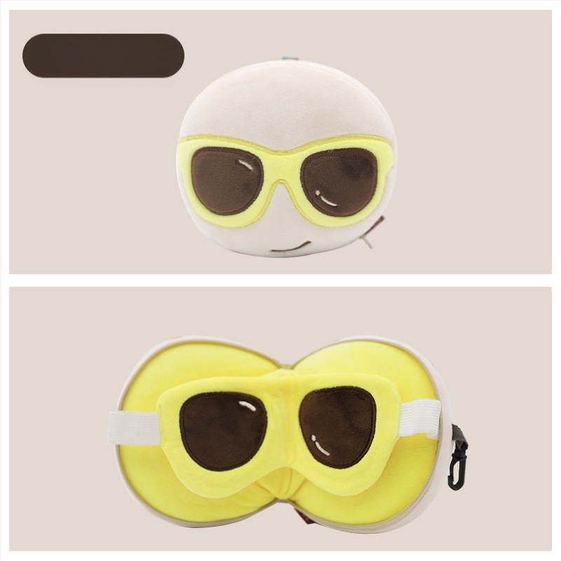 Pernă de călătorie în formă de U, cu mască de ochi încorporată, design cu animal de desen animat, țesătură pluș, umplutură PP bumbac, pentru adulți