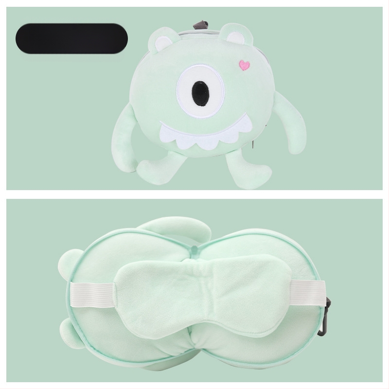 Pernă de călătorie în formă de U, cu mască de ochi încorporată, design cu animal de desen animat, țesătură pluș, umplutură PP bumbac, pentru adulți
