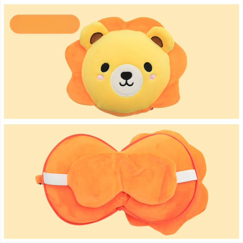 Pernă de călătorie în formă de U, cu mască de ochi încorporată, design cu animal de desen animat, țesătură pluș, umplutură PP bumbac, pentru adulți
