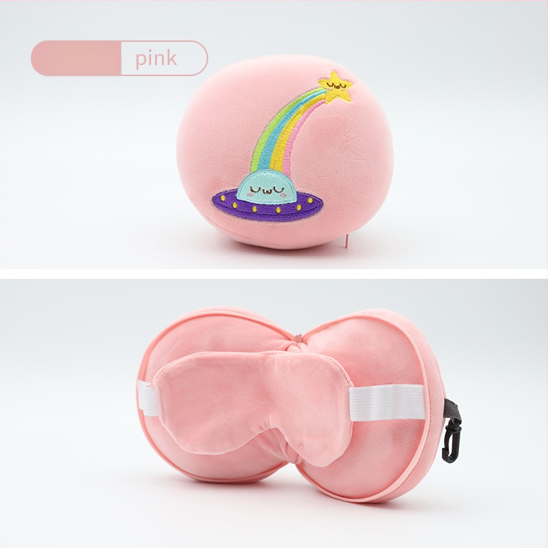 Pernă de călătorie în formă de U, cu mască de ochi încorporată, design cu animal de desen animat, țesătură pluș, umplutură PP bumbac, pentru adulți