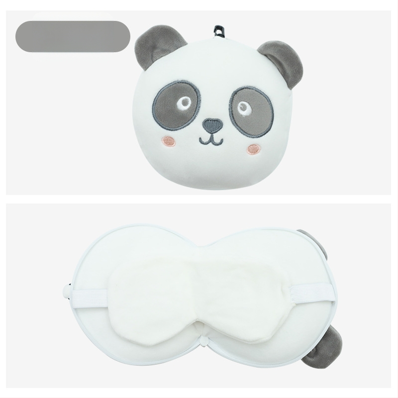 Pernă de călătorie în formă de U, cu mască de ochi încorporată, design cu animal de desen animat, țesătură pluș, umplutură PP bumbac, pentru adulți