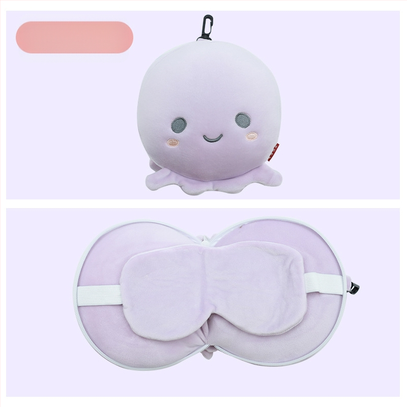 Pernă de călătorie în formă de U, cu mască de ochi încorporată, design cu animal de desen animat, țesătură pluș, umplutură PP bumbac, pentru adulți