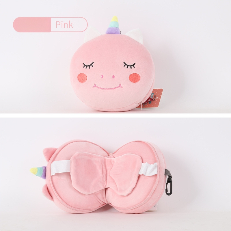 Pernă de călătorie în formă de U, cu mască de ochi încorporată, design cu animal de desen animat, țesătură pluș, umplutură PP bumbac, pentru adulți