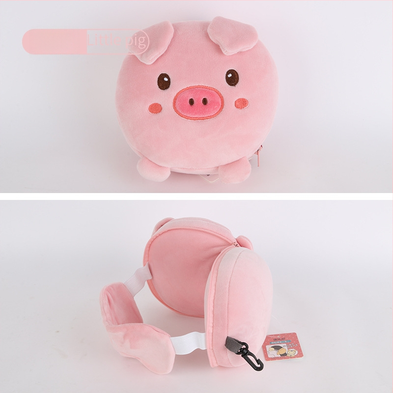 Pernă de călătorie în formă de U, cu mască de ochi încorporată, design cu animal de desen animat, țesătură pluș, umplutură PP bumbac, pentru adulți