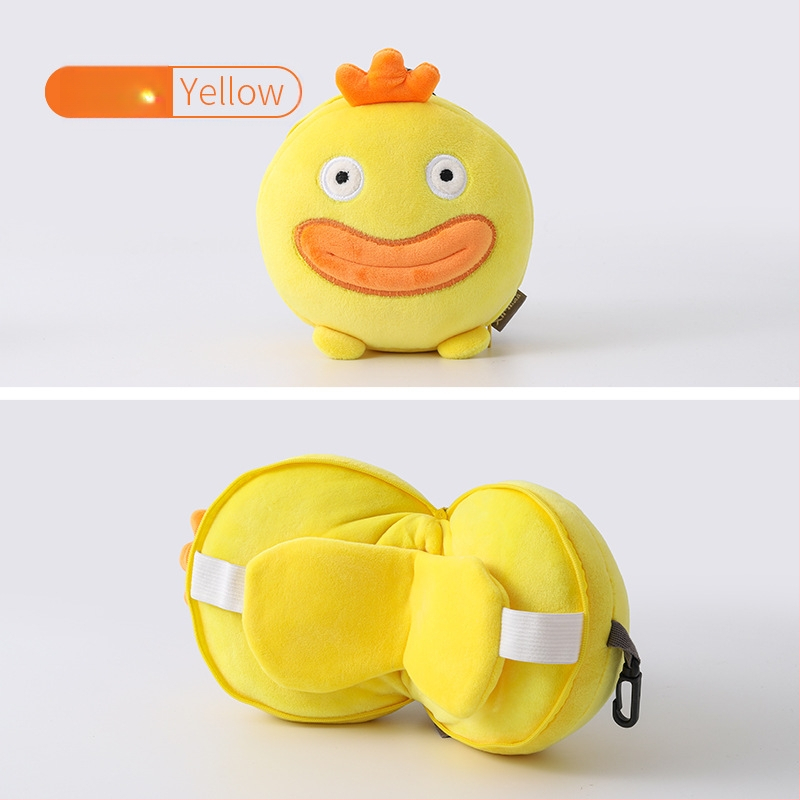 Pernă de călătorie în formă de U, cu mască de ochi încorporată, design cu animal de desen animat, țesătură pluș, umplutură PP bumbac, pentru adulți