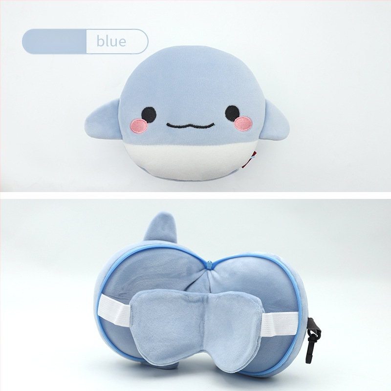 Pernă de călătorie în formă de U, cu mască de ochi încorporată, design cu animal de desen animat, țesătură pluș, umplutură PP bumbac, pentru adulți