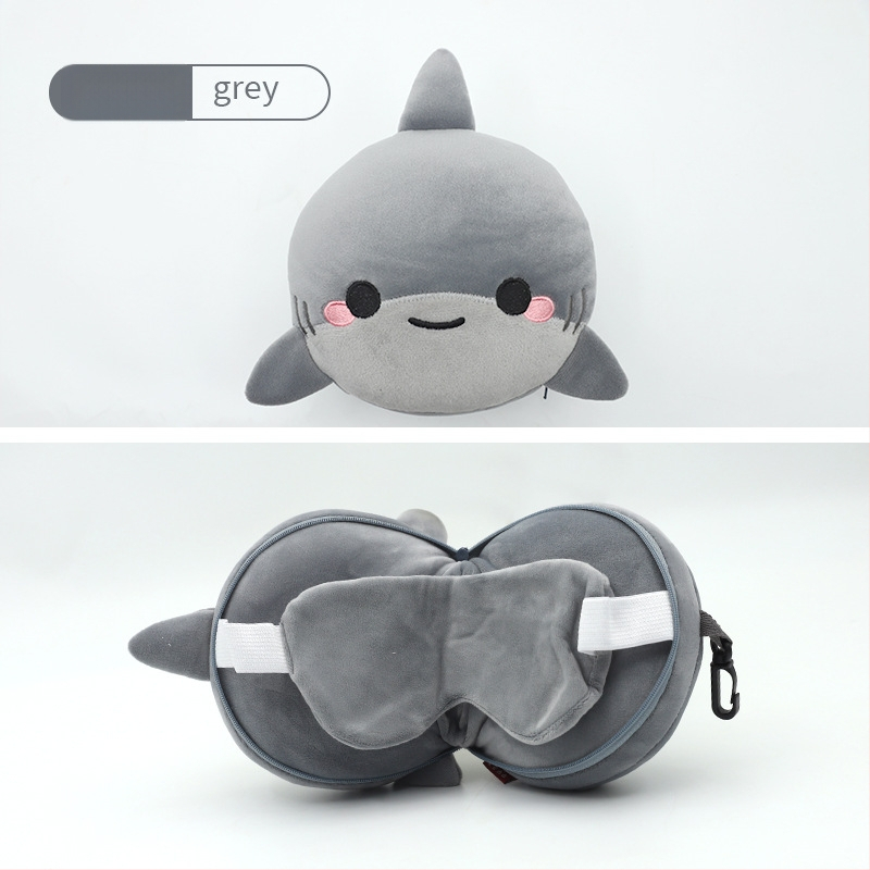 Pernă de călătorie în formă de U, cu mască de ochi încorporată, design cu animal de desen animat, țesătură pluș, umplutură PP bumbac, pentru adulți