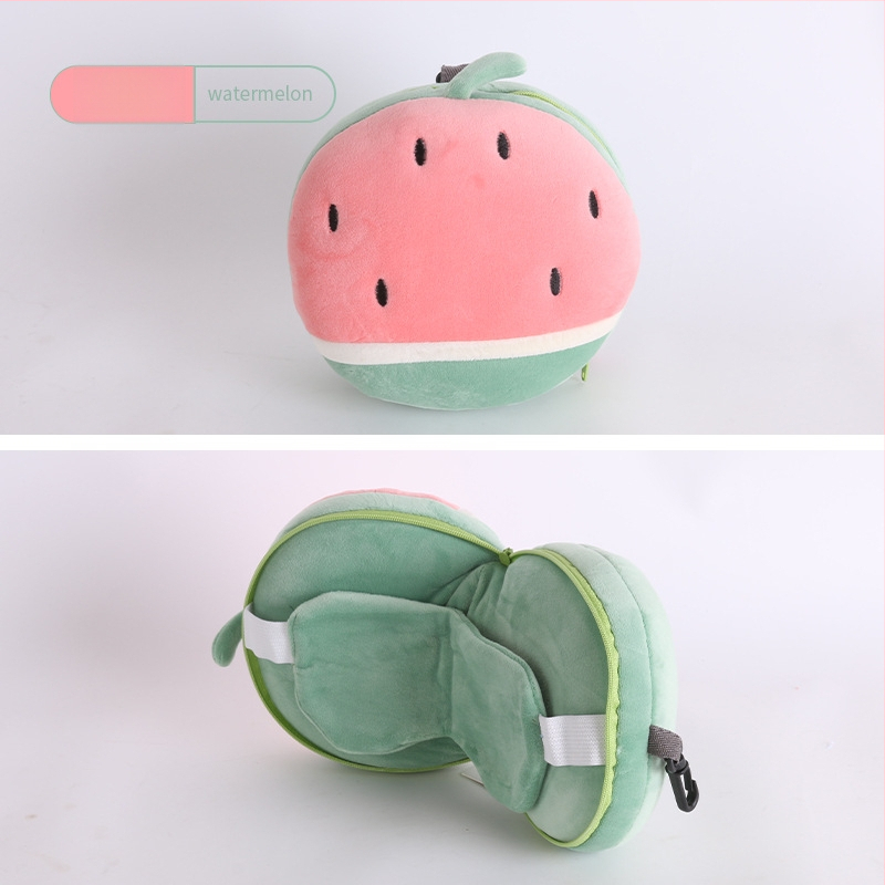 Pernă de călătorie în formă de U, cu mască de ochi încorporată, design cu animal de desen animat, țesătură pluș, umplutură PP bumbac, pentru adulți