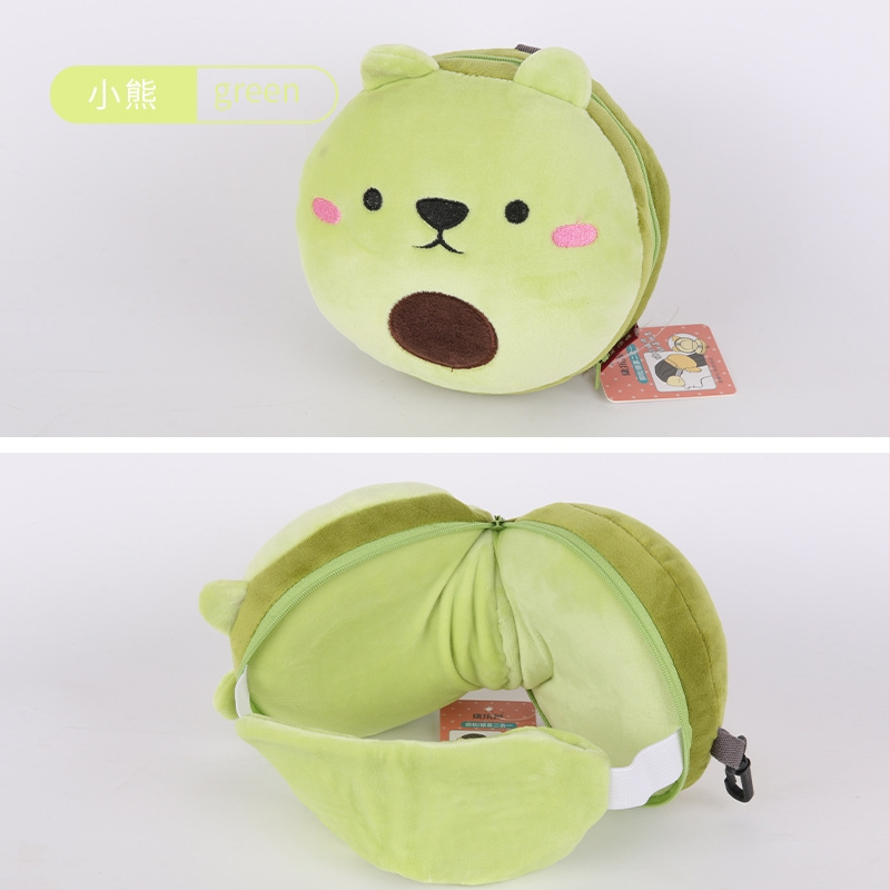 Pernă de călătorie în formă de U, cu mască de ochi încorporată, design cu animal de desen animat, țesătură pluș, umplutură PP bumbac, pentru adulți