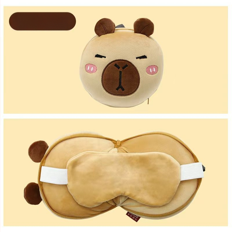Pernă de călătorie în formă de U, cu mască de ochi încorporată, design cu animal de desen animat, țesătură pluș, umplutură PP bumbac, pentru adulți