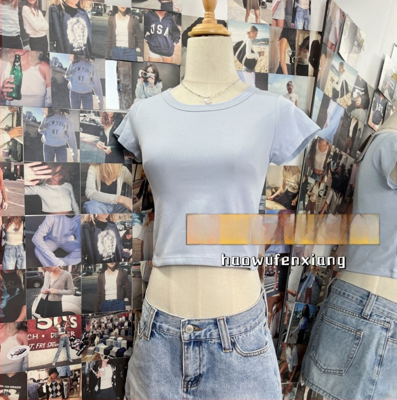 BM стил дамска памучна кроп топ с къс ръкав и кръгла яка, Slim fit