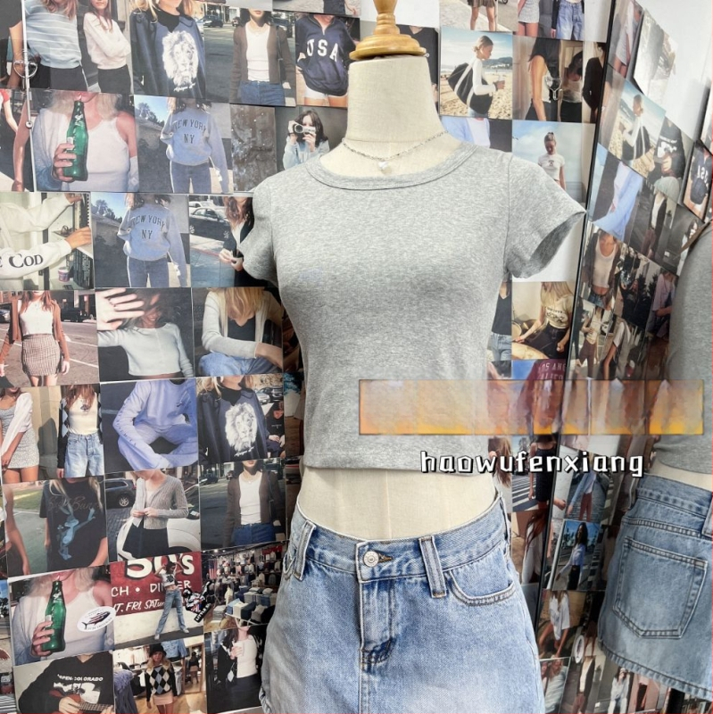 BM стил дамска памучна кроп топ с къс ръкав и кръгла яка, Slim fit