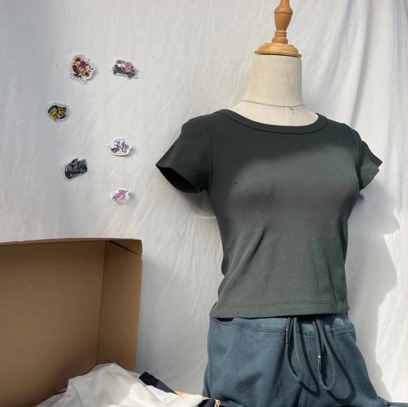 BM стил дамска памучна кроп топ с къс ръкав и кръгла яка, Slim fit