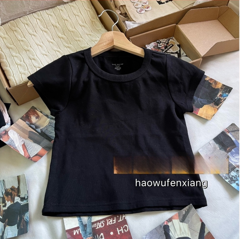 BM стил дамска памучна кроп топ с къс ръкав и кръгла яка, Slim fit