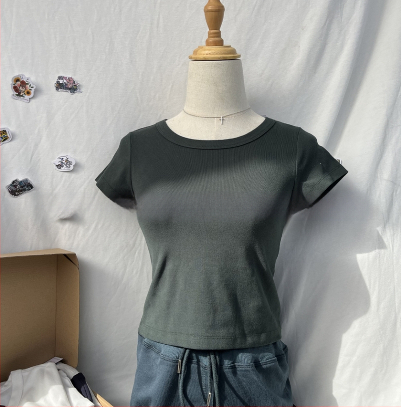 BM стил дамска памучна кроп топ с къс ръкав и кръгла яка, Slim fit