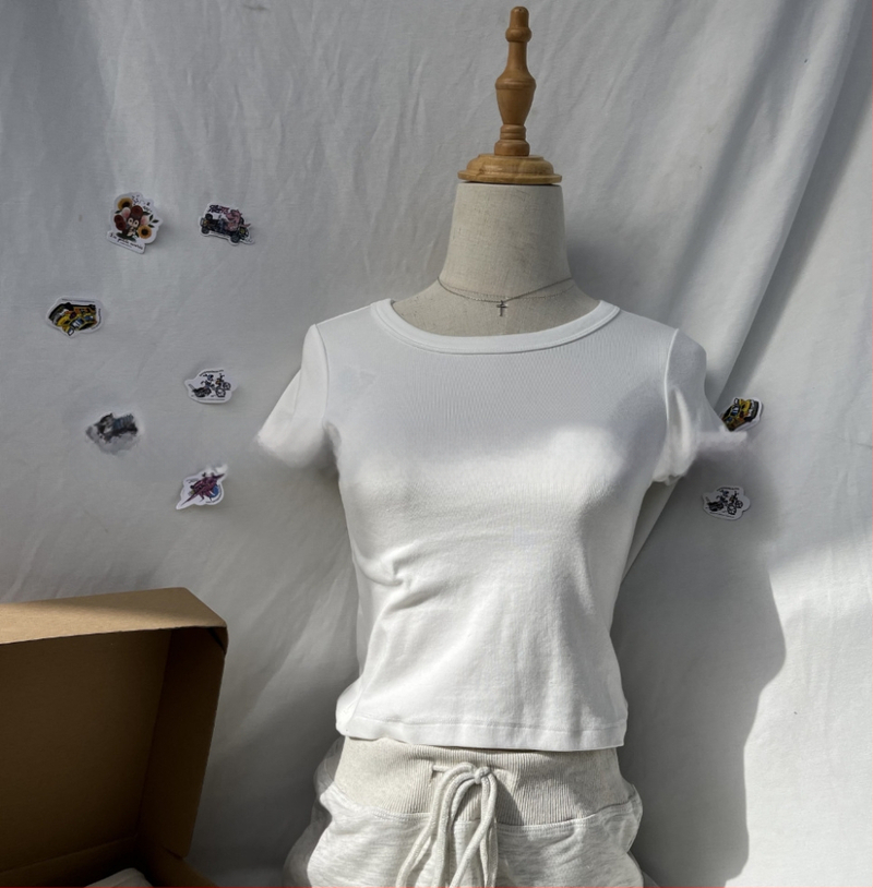 BM стил дамска памучна кроп топ с къс ръкав и кръгла яка, Slim fit