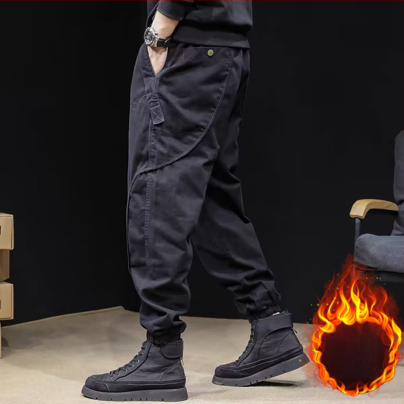 Meeste fleece'iga voodriga cargo püksid, jogger-stiil, lõdva lõige, keskmine talje, puuvillasegune materjal, kevad 2025