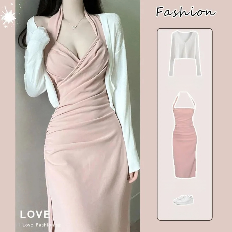 Halterio kaklo suknelė su aukštu juosmeniu, A linija, vidutinio ilgio, dviejų dalių komplektas