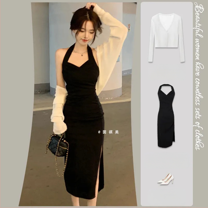 Halterio kaklo suknelė su aukštu juosmeniu, A linija, vidutinio ilgio, dviejų dalių komplektas