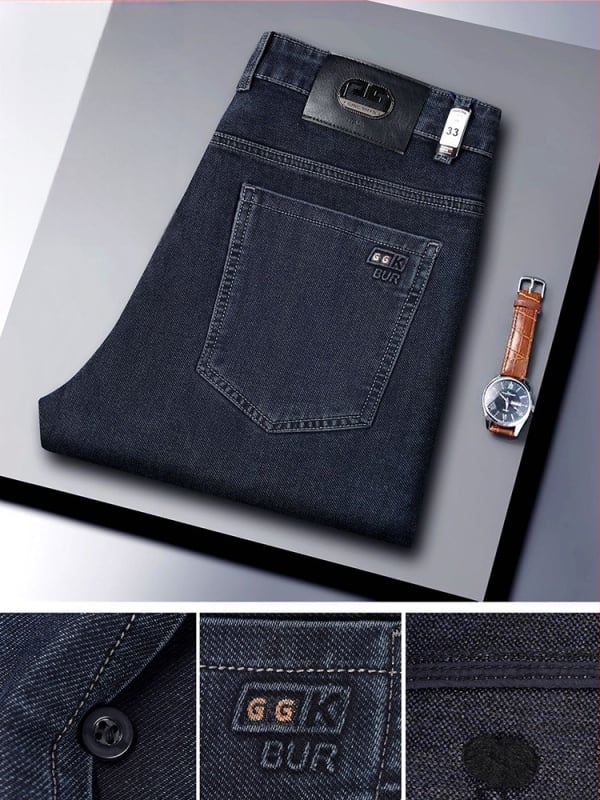 Ανδρικά τζιν υψηλής μέσης, ίσια γραμμή, φερμουάρ μπροστά, διπλή ζώνη μέσης, μίγμα πολυεστέρα-χημικών ινών, άνοιξη-φθινόπωρο