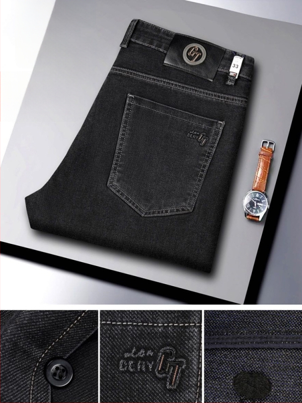 Ανδρικά τζιν υψηλής μέσης, ίσια γραμμή, φερμουάρ μπροστά, διπλή ζώνη μέσης, μίγμα πολυεστέρα-χημικών ινών, άνοιξη-φθινόπωρο