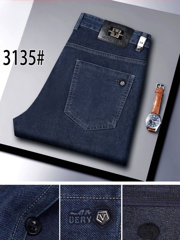 Ανδρικά τζιν υψηλής μέσης, ίσια γραμμή, φερμουάρ μπροστά, διπλή ζώνη μέσης, μίγμα πολυεστέρα-χημικών ινών, άνοιξη-φθινόπωρο