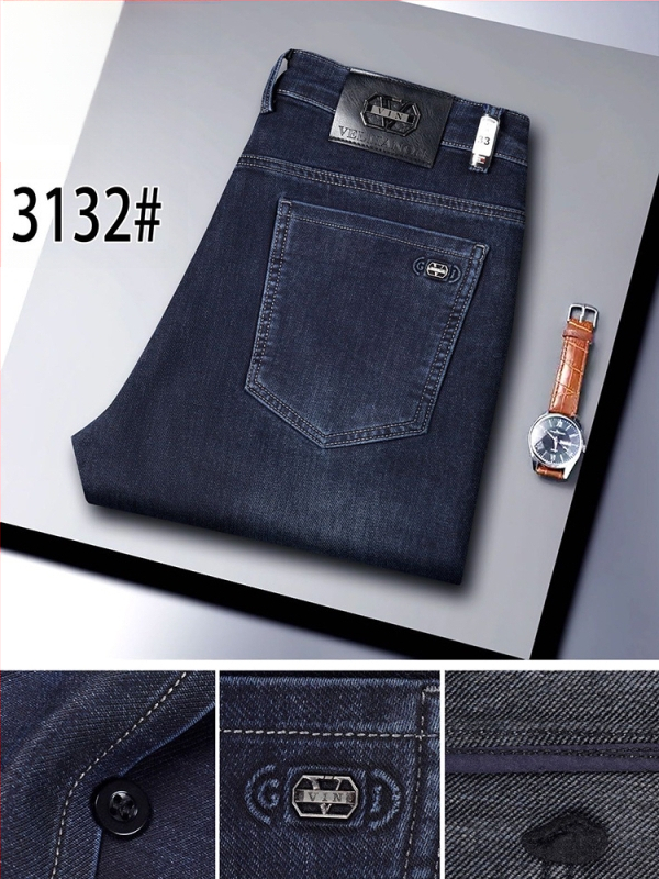 Ανδρικά τζιν υψηλής μέσης, ίσια γραμμή, φερμουάρ μπροστά, διπλή ζώνη μέσης, μίγμα πολυεστέρα-χημικών ινών, άνοιξη-φθινόπωρο