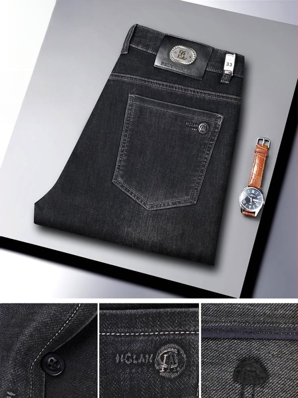 Ανδρικά τζιν υψηλής μέσης, ίσια γραμμή, φερμουάρ μπροστά, διπλή ζώνη μέσης, μίγμα πολυεστέρα-χημικών ινών, άνοιξη-φθινόπωρο